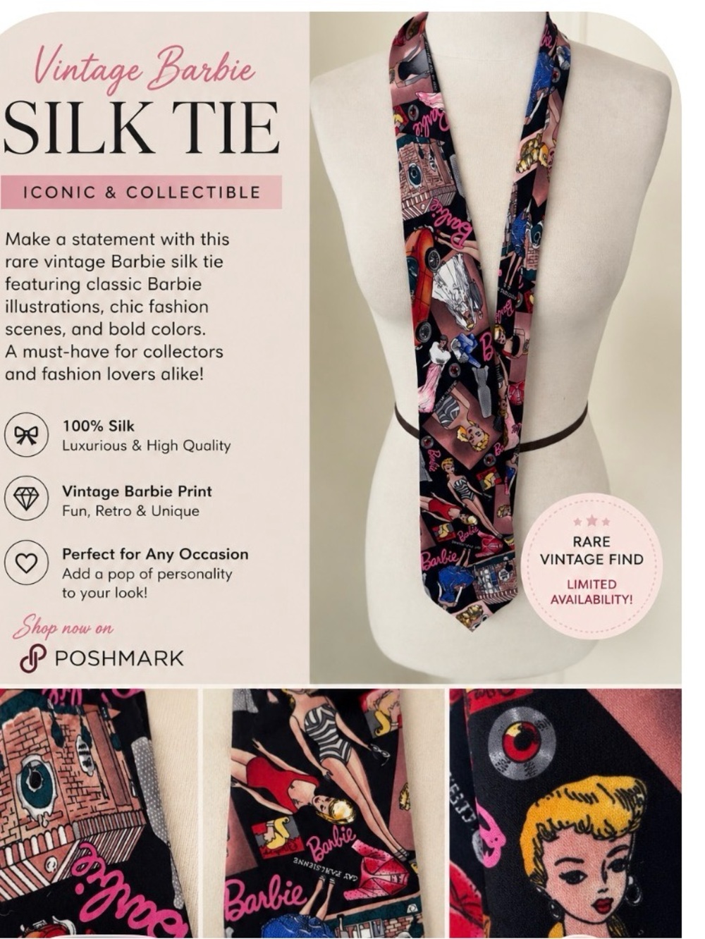 Nicole Miller Black Silk Tie with Pink, Blue & Gold Barbie Motif